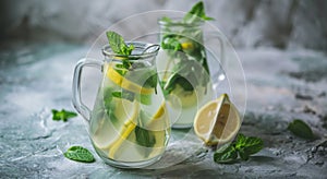 two pitchers of lemon water with mint leaves