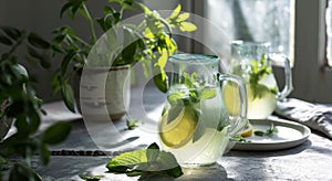 two pitchers of lemon water with mint leaves