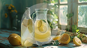 Two pitchers, two lemons on table