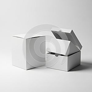 Two White Cardboard Boxes One Open and One Closed on a White Background packaging container