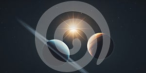 Two planets and a bright star appear in deep space