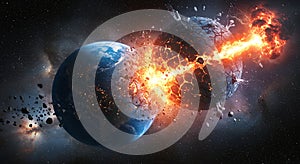 Planets Colliding in Space with Explosions and Debris Creating Dramatic Scene