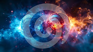 Two planets in space with a nebula in the background