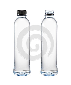 Two plastic bottle of water close and open caps isolated