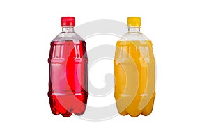 Two plastic bottles with colorful natural juices. Isolated