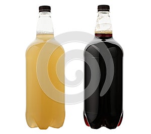 Two plastic bottles with dark and light beer. Isolated on a white background