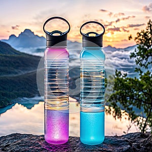 Two plastic fitness water bottles, blue and pink, with crystal clear waterure