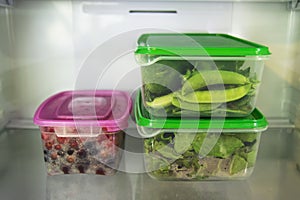 Two plastic food containers with green vegetable and one with berries on a shelf of a fridge.