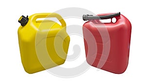 Two plastic gas canister isolated on a white background. Canister for gasoline, diesel and gas. Storage tank. Plastic canister for