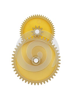 Two plastic gears yellow isolated on a white background.