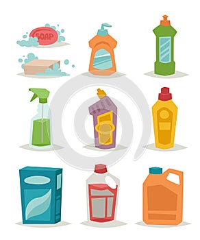 Two plastic spray cleanser bottle with cleaning liquid flat vector illustration.