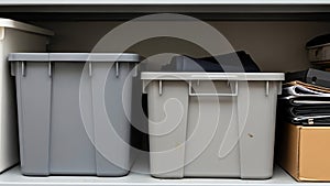 Two plastic storage bins with folded clothes and papers