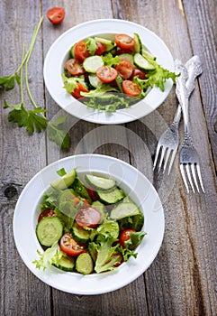 Two plates with fresh vegetable salad.