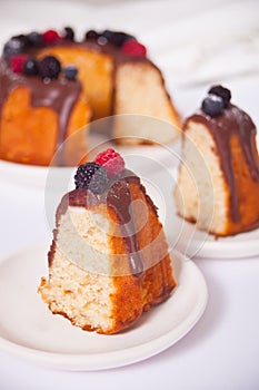 Two plates with slice of tasty homemade vanilla bunt cake with berries