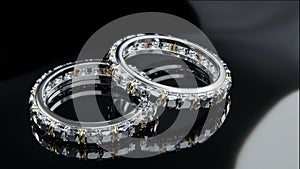 Two platinum diamond rings with diamonds surrounding the ring. Ring design on glossy black glass surface with 3D