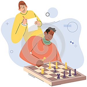 Two players man playing strategic game chess together. Young peope sitting at table with chessboard