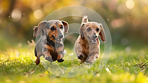 Two playful Dachshunds wrestling in lush grass, their tails wagging furiously
