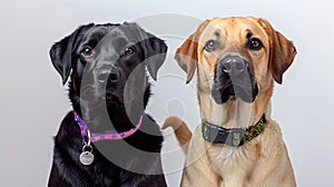Two Playful Dogs Showcasing Glittering Jewel Toned Collars Against Tranquil White Background