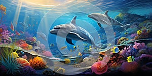 Two playful dolphins swimming gracefully amidst the colorful coral reefs. Generative AI