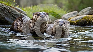 Two Curious Otters Playing in a Crystal Clear Stream