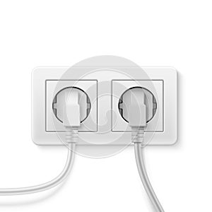 Two plug inserted in double wall socket realistic vector illustration.