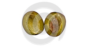 Two plum halves with kernel