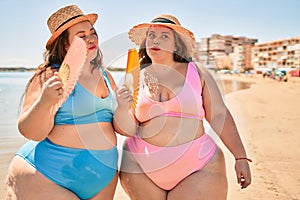 Two plus size overweight sisters twins women using handfan at beach on hoy day of summer