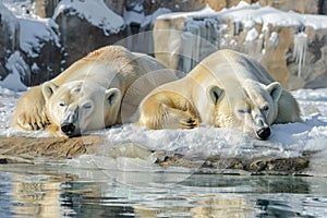 Two polar bears are lying and relaxing on the snow