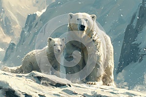 Two polar bears stand on a snowy mountain