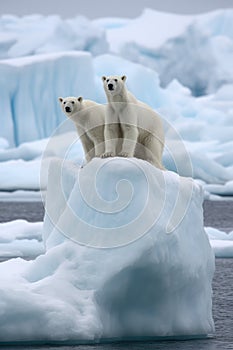 Two polarbears standing on iceberg at sea created using generative ai technology