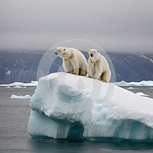 Two polarbears standing on iceberg at sea created using generative ai technology