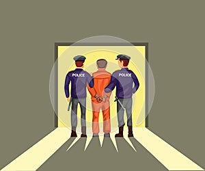 Two police lead prisoner criminal from back view.  concept in cartoon illustration vector