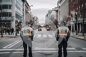 Two police officers in uniform stand on a city street, maintaining order and surveillance