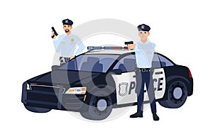 Two policemen or cops in uniform standing near car, holding guns and aiming them at someone. Police operation. Flat photo