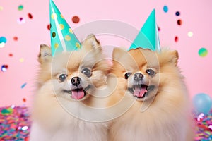 Two Pomeranian dogs with party hats on pink background with confetti. Generative AI photo