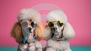two poodles with funky sunglasses on pink background, neural network generated image