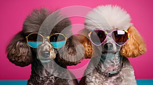 two poodles with funky sunglasses on pink background, neural network generated image