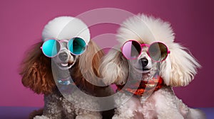 two poodles with funky sunglasses on violet background, neural network generated image