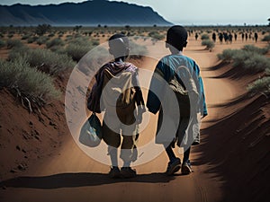 Two poor children walking through a desolate land in Africa