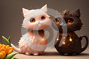 Two porcelain cute cats, AI generated 3D illustration