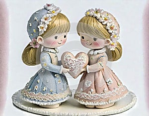 Two Porcelain Figurines Of Young Girls In Decorative Dresses Holding A Heart, Adorned With Flowers