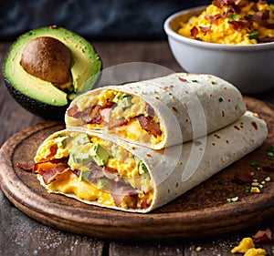 Two Portion of Breakfast Burrito with Creamy Scrambled Egg and Bacon. Generative Ai. Ai