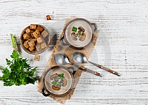 Two portions of mushroom cream soup, above view.