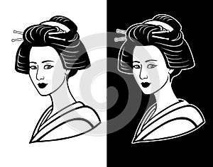 Two portraits of the young Japanese girl an ancient hairstyle. Black and white option.