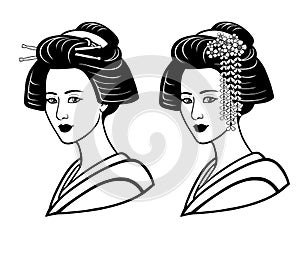 Two portraits of the young Japanese girl an ancient hairstyle. Geisha, maiko, princess.