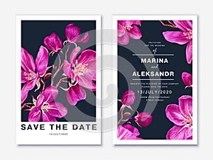 Two postcard templates with spring blooming pink apple blossoms.