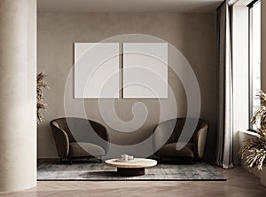 Two poster frame mock up in scandinavian style living room interior, modern living room interior background, 3d rendering