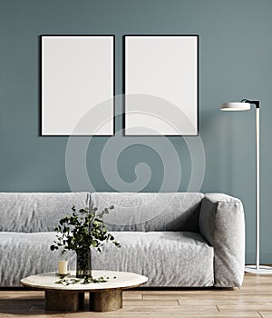 Two poster frames mockup in stylish blue living room, 3d rendering