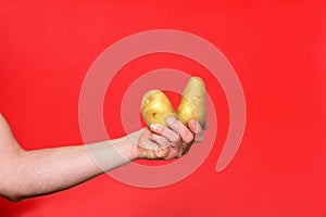 Two potatoes on red background