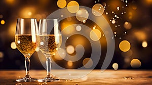 Two potbellied glasses of champagne on background of bokeh and glitter lights. Champagne bubbles sparkle